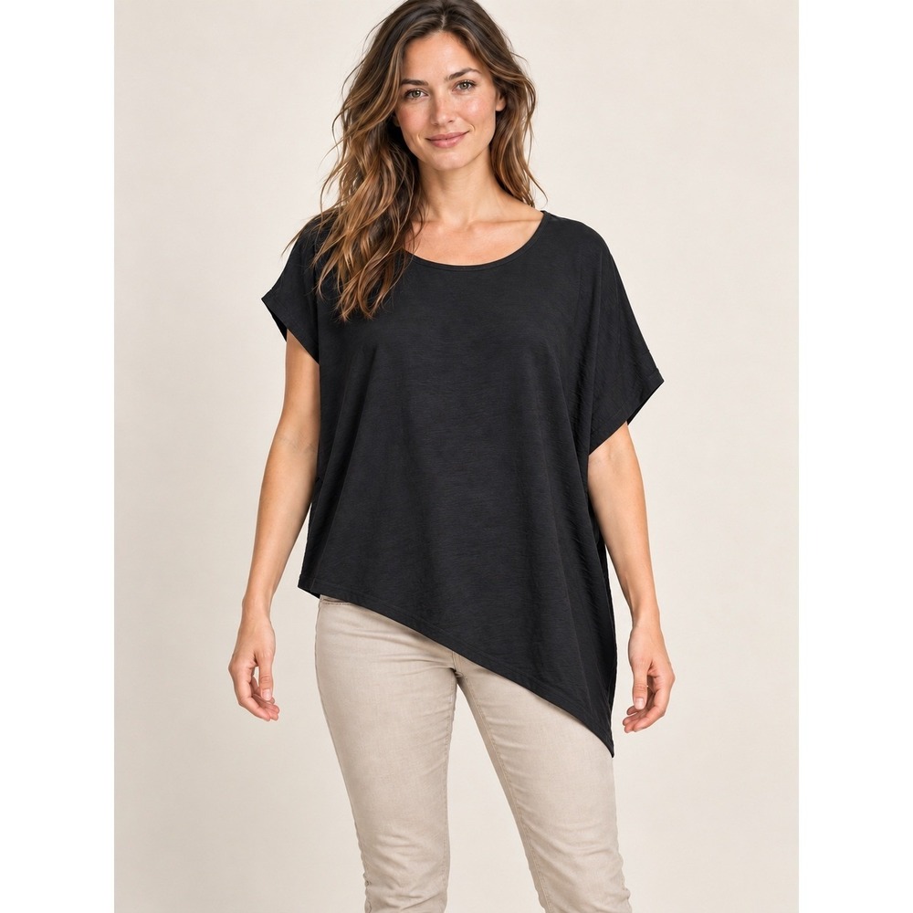 XCVI Womens Boho Flowy Black Asymmetrical Hem Short Sleeve Scoop Neck Top XS NWT